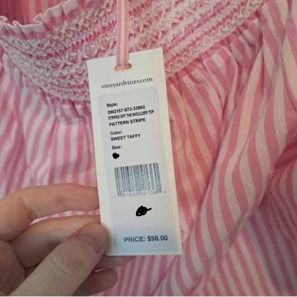 Vineyard Vines Off the Shoulder Blouse. Women's Large. Pink/White Stripe. Cotton - Picture 6 of 6